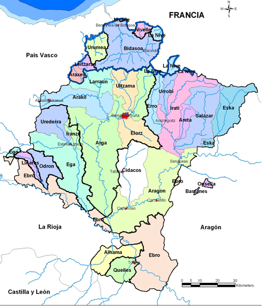 Red hidrográfica de Navarra, divisoria de aguas y principales cuencas hidrográficas.