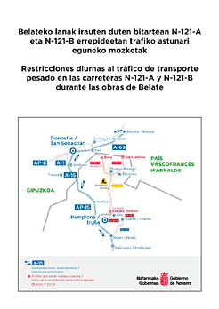 Presentación gráfica de la ruta recomendada y la ruta sujeta a restricciones de tráfico durante las obras en la N-121-A.