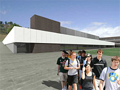 Recreación de la fachada del edificio que albergará el polideportivo y parte del aulario del IES Tierra Estella