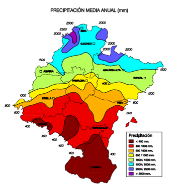 Mapa de Navarra con la precipitación media anual