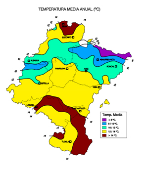 Mapa de Navarra con la temperatura media anual