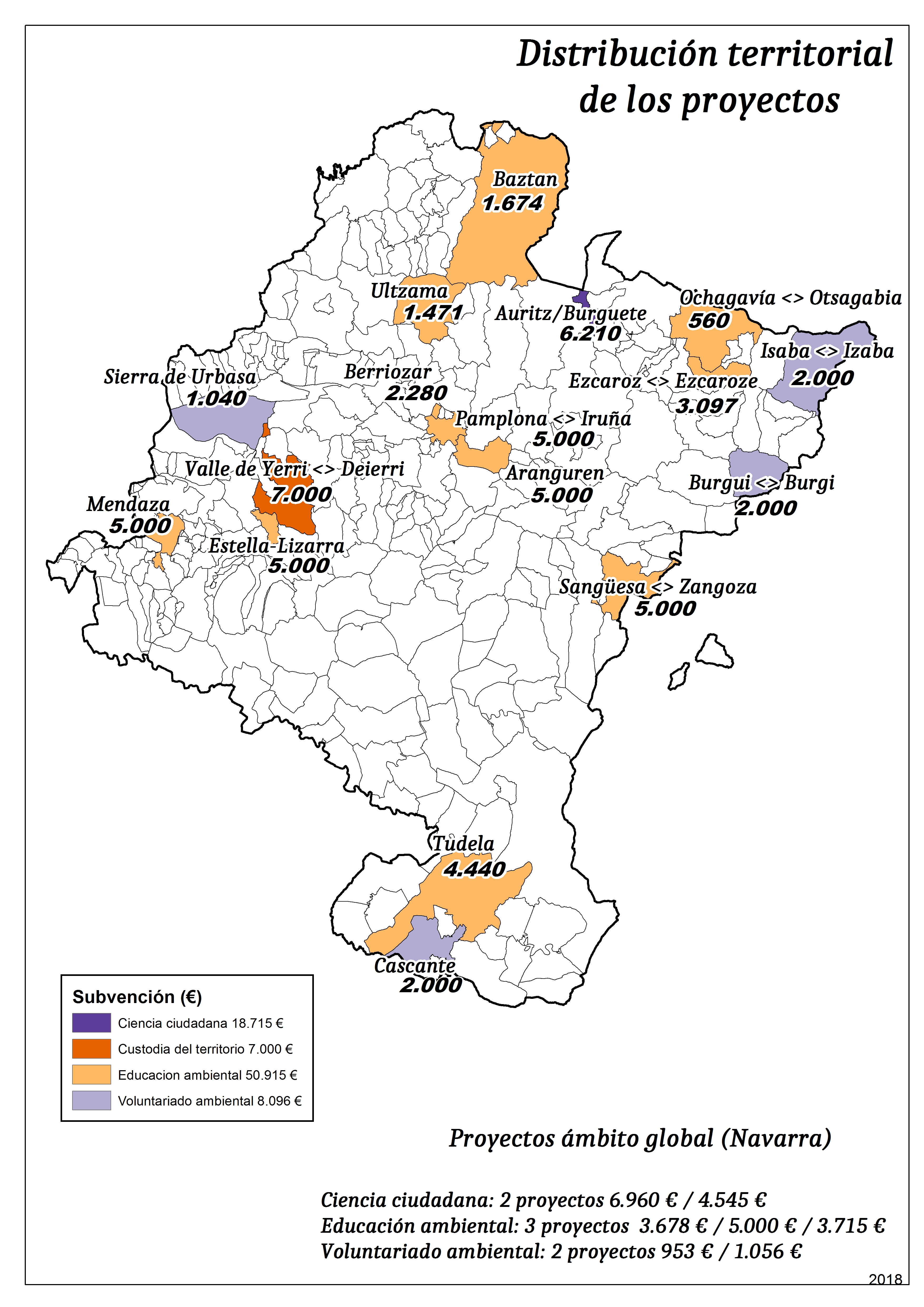 Mapa con la distribución territorial de los proyectos de voluntariado ambiental