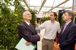 Los consejeros Echarte (izda) y Armendáriz atienden las explicaciones en el invernadero de tomates de la planta.